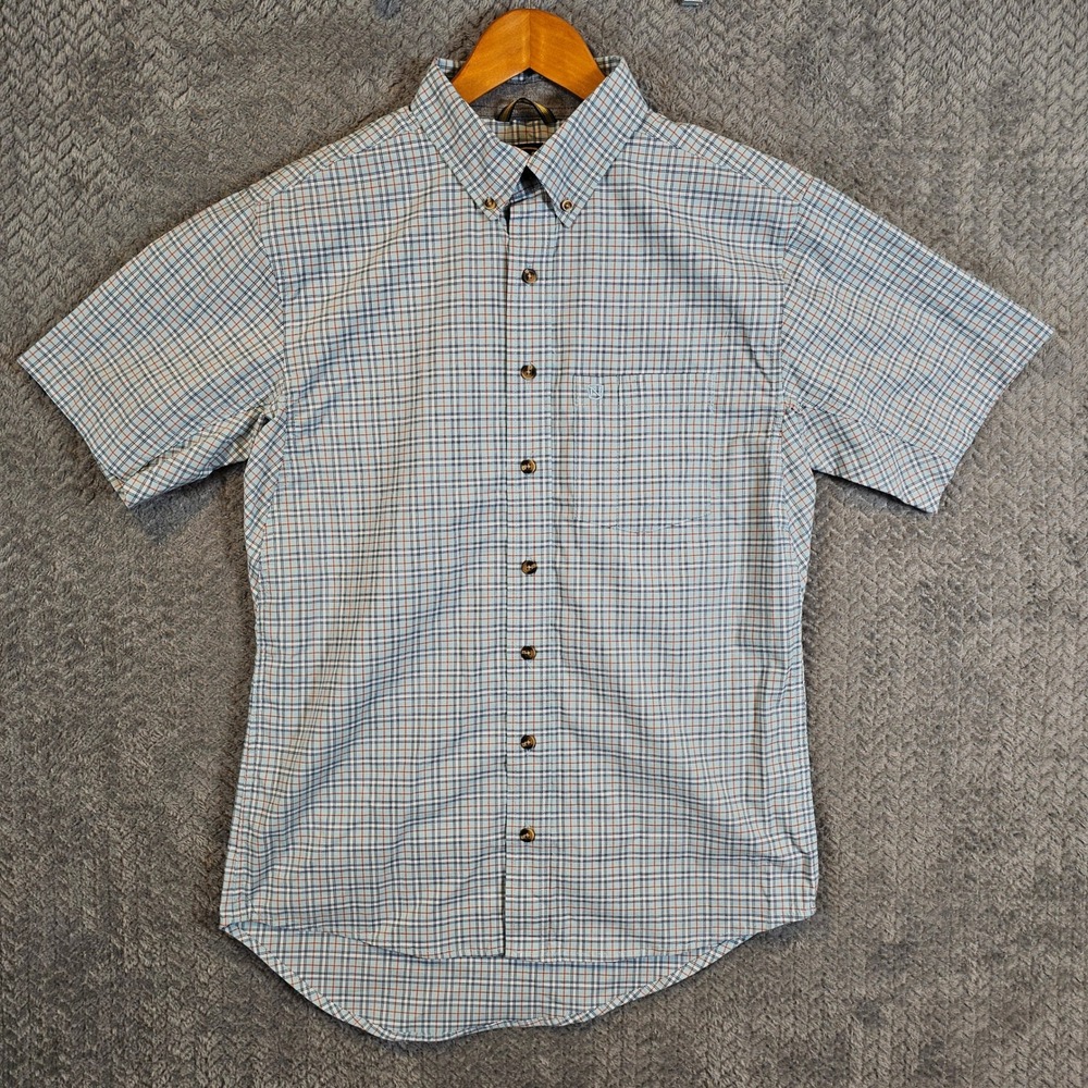 Noble Outfitters Mens Medium Blue Orange Plaid Short Sleeve Button Down Shirt
